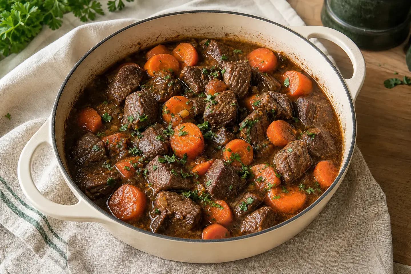 Bœuf aux carottes longuement mijoté servi directement dans une cocotte