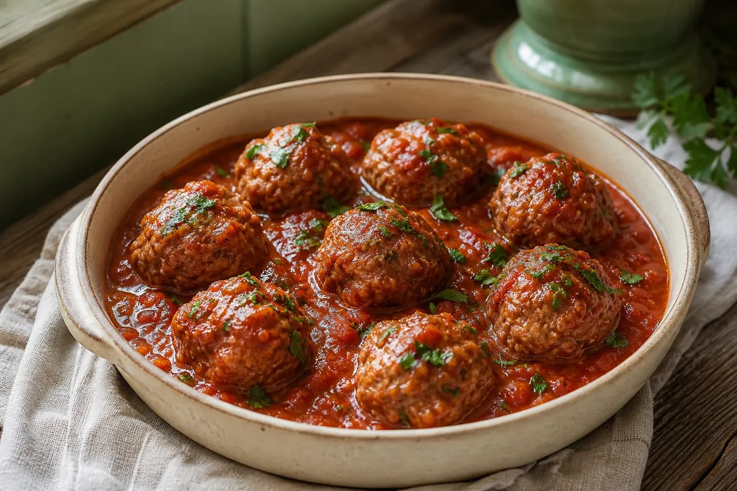 Boulettes de bœuf maison nappées de sauce tomate avec du persil frais