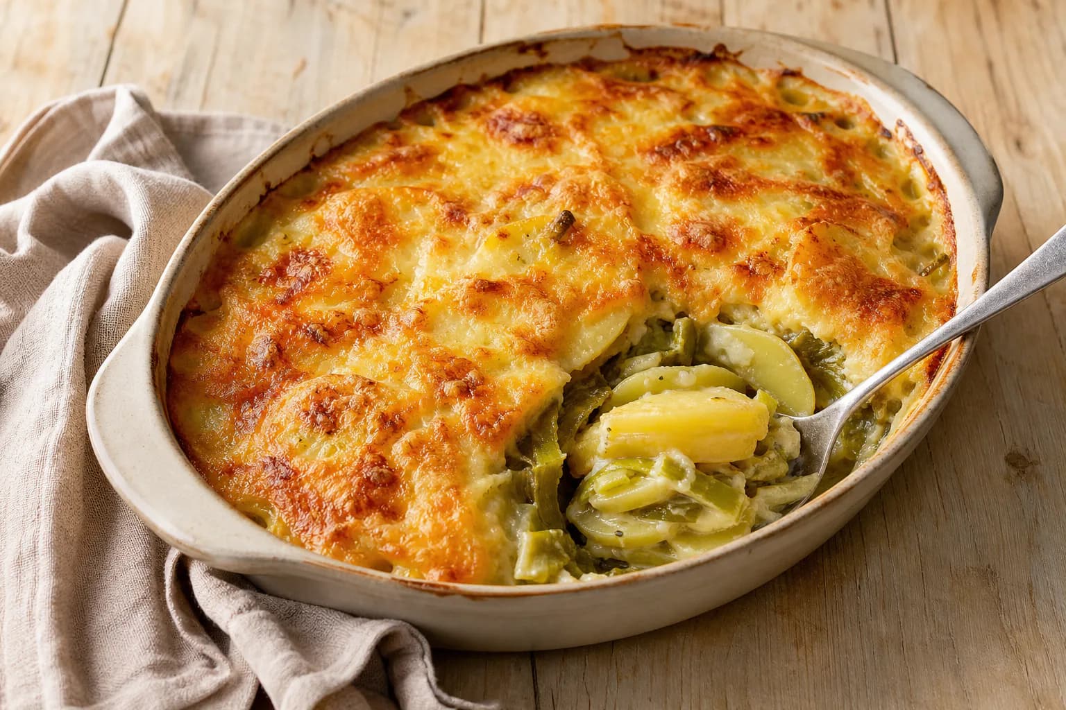Gratin doré de pommes de terre, poireaux et Comté dans un plat en céramique
