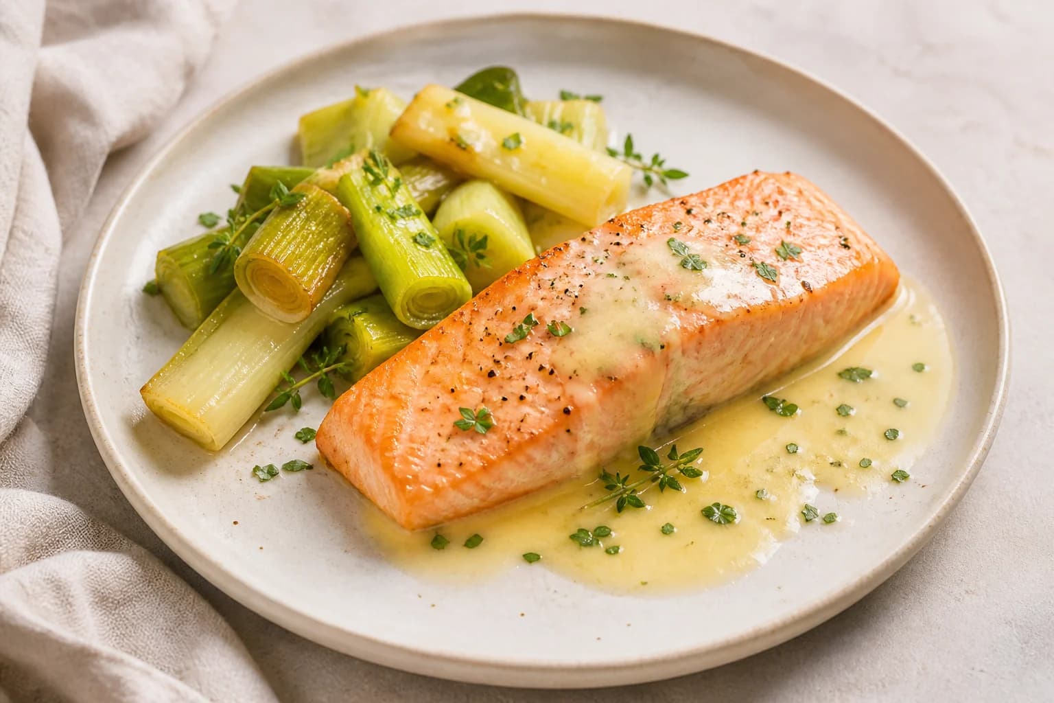 Saumon rôti avec poireaux et beurre blanc citronné