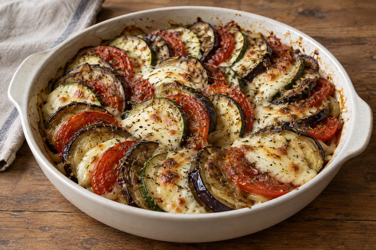 Tian rustique de courgettes, aubergines, tomates et mozzarella gratinée