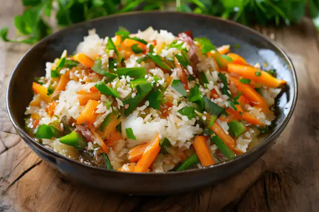Poêlée de riz sauté au chou vert et aux carottes
