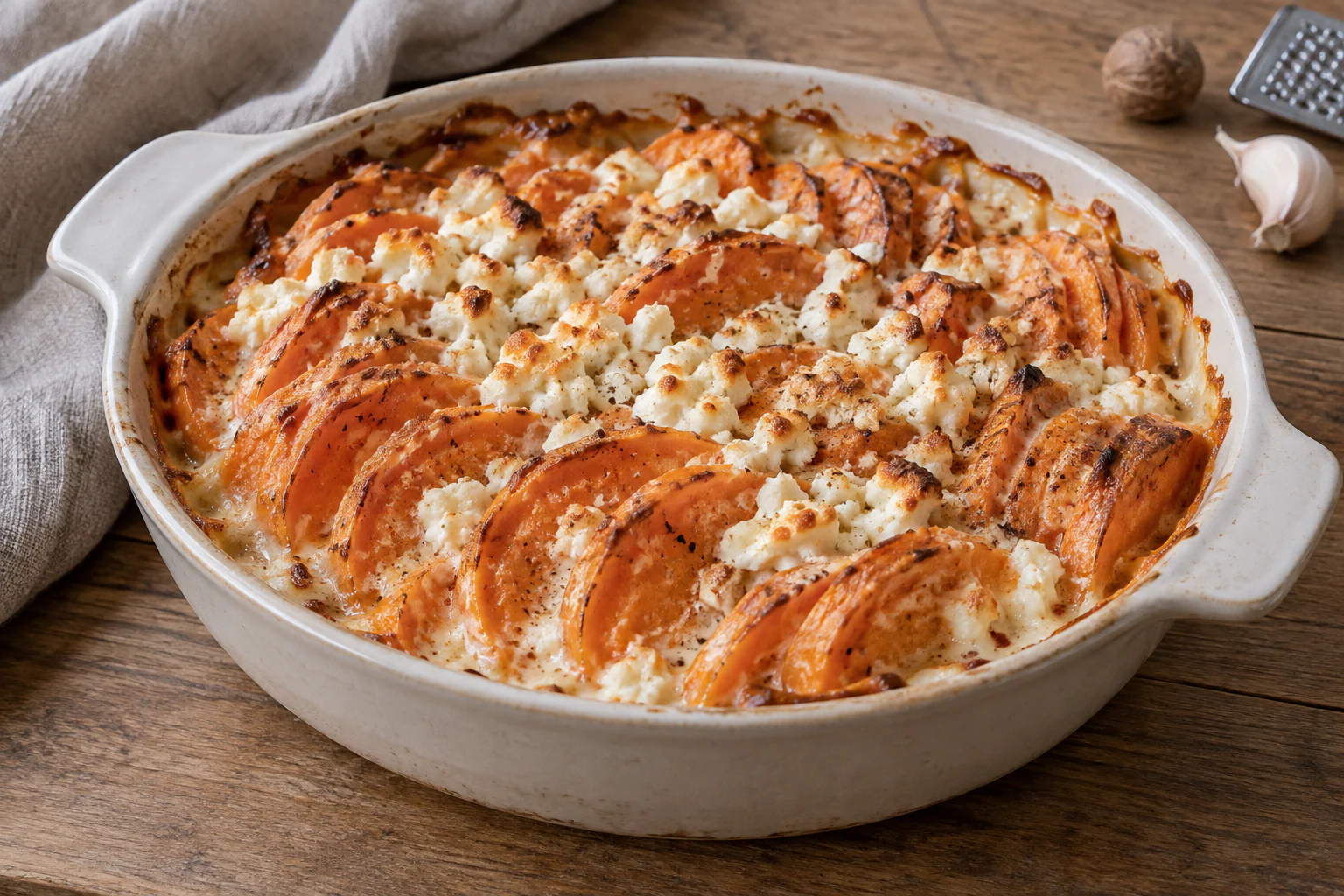 Gratin de patate douce à la feta avec rondelles fondantes et dessus doré
