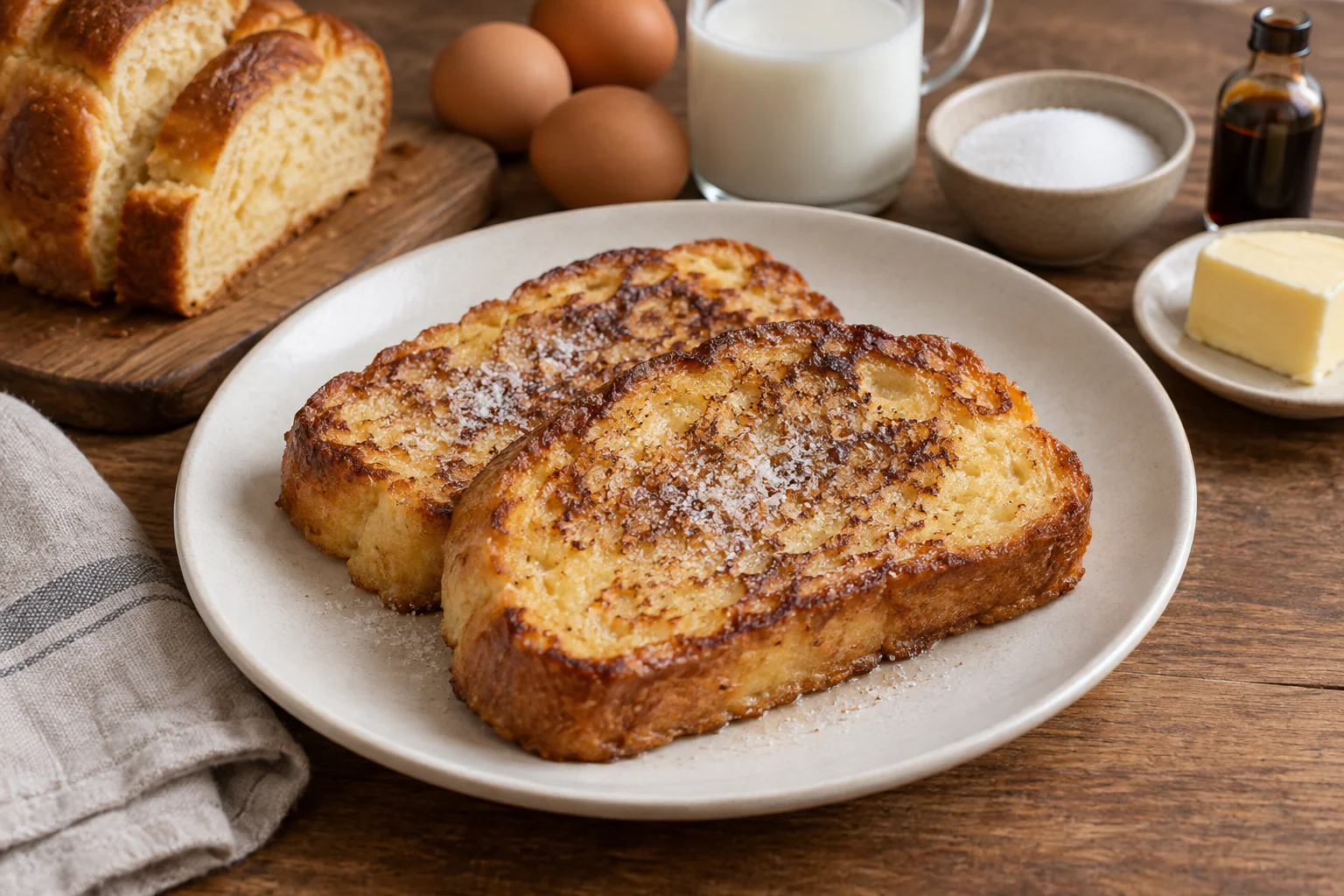 Tranches de pain perdu à la brioche dorées avec sucre et fruits frais