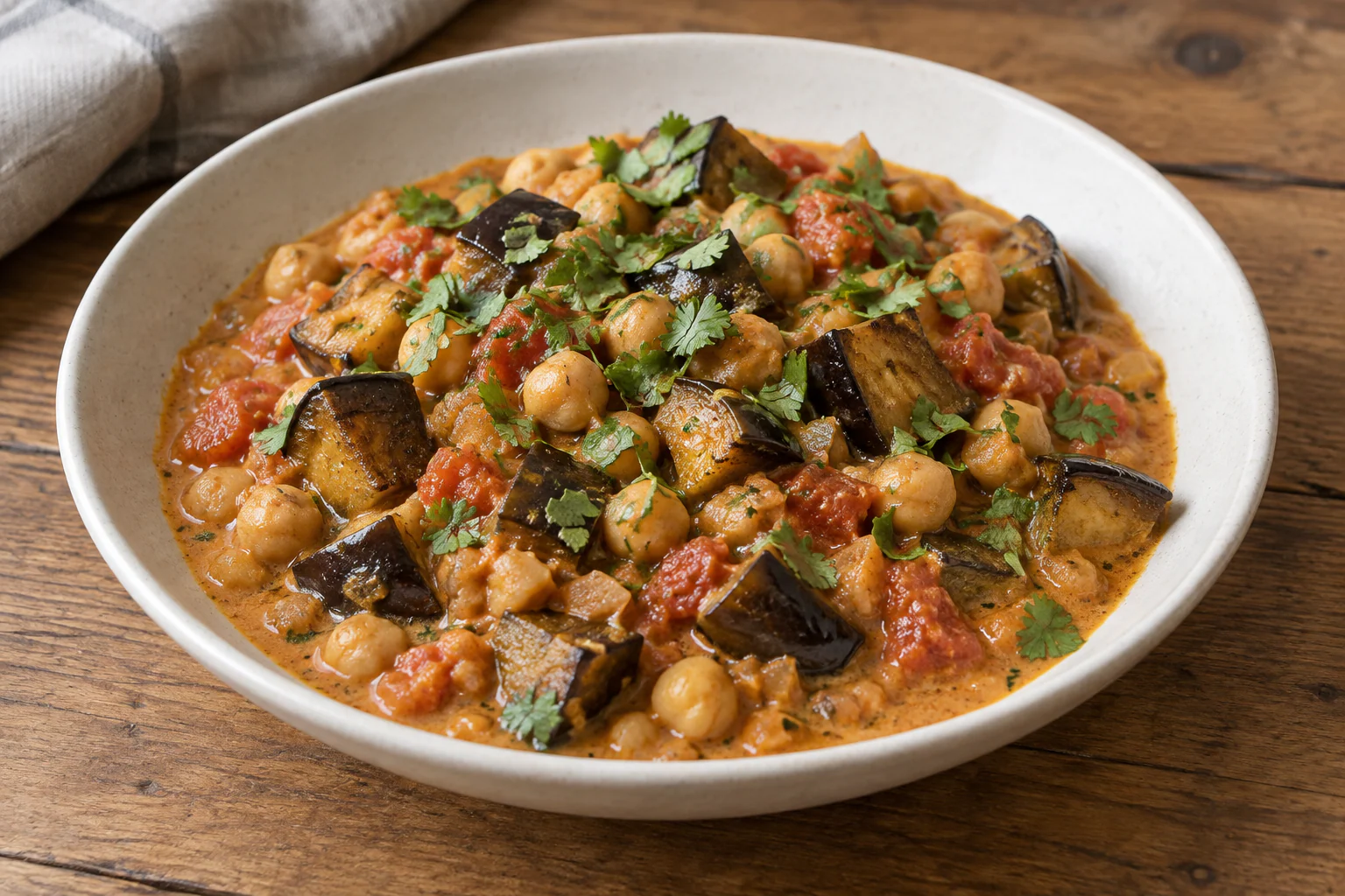 Curry crémeux d’aubergines et pois chiches avec coriandre fraîche