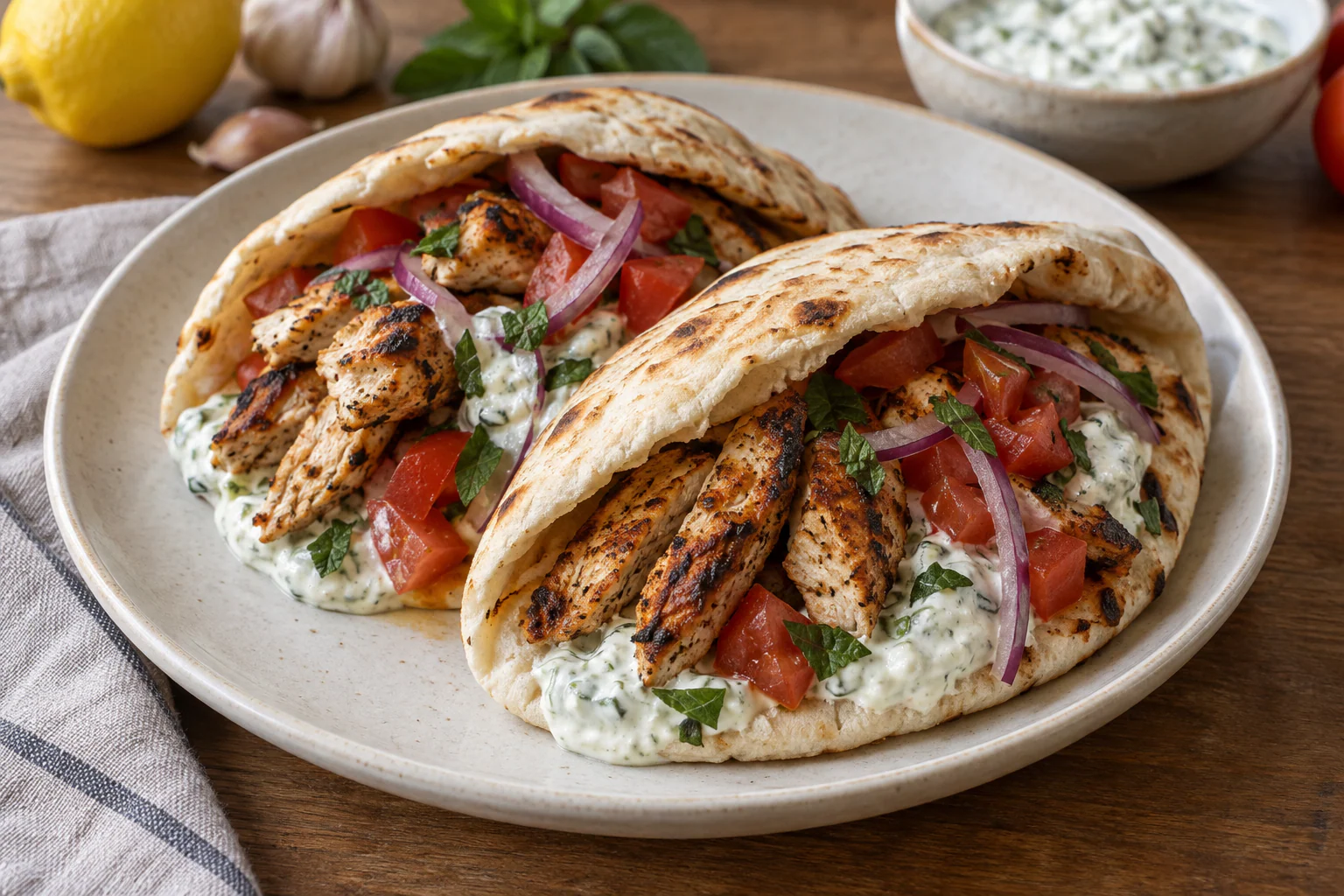 Pains pita garnis de poulet grillé, tomate, oignon rouge et sauce tzatziki