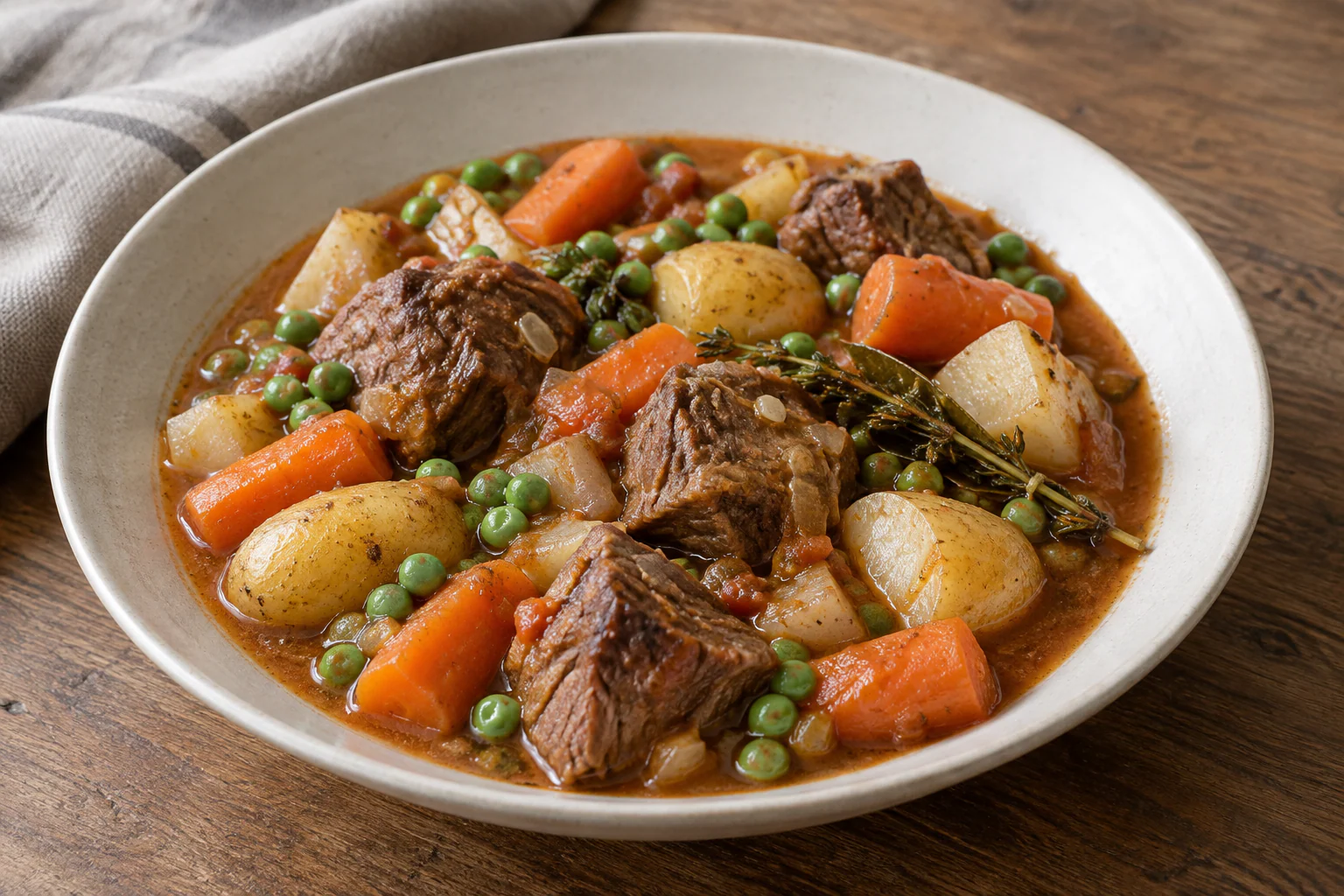 Navarin d’agneau avec morceaux fondants, pommes de terre, carottes, navets et petits pois