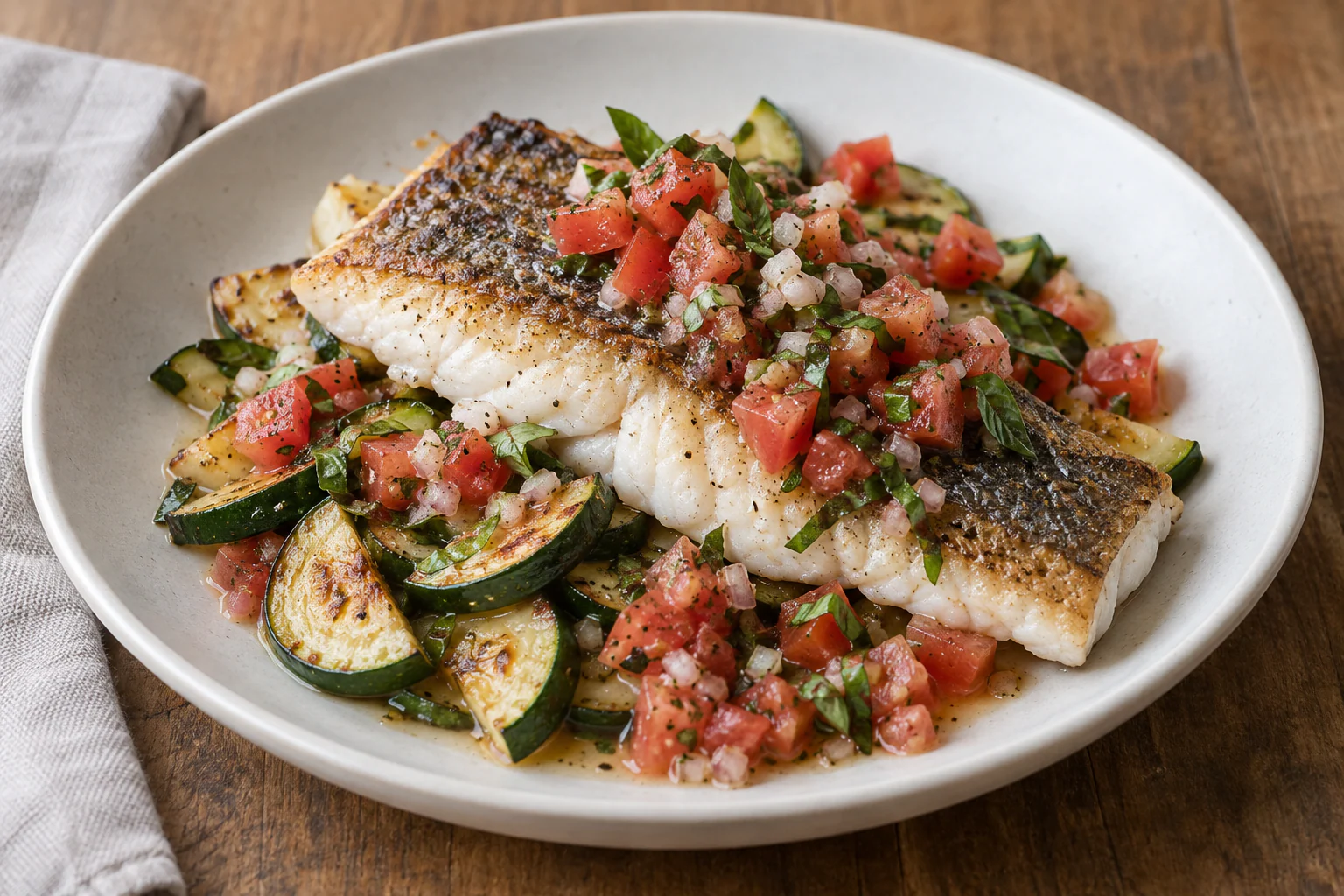 Filet de merlu poêlé sur courgettes dorées avec sauce vierge aux tomates et basilic