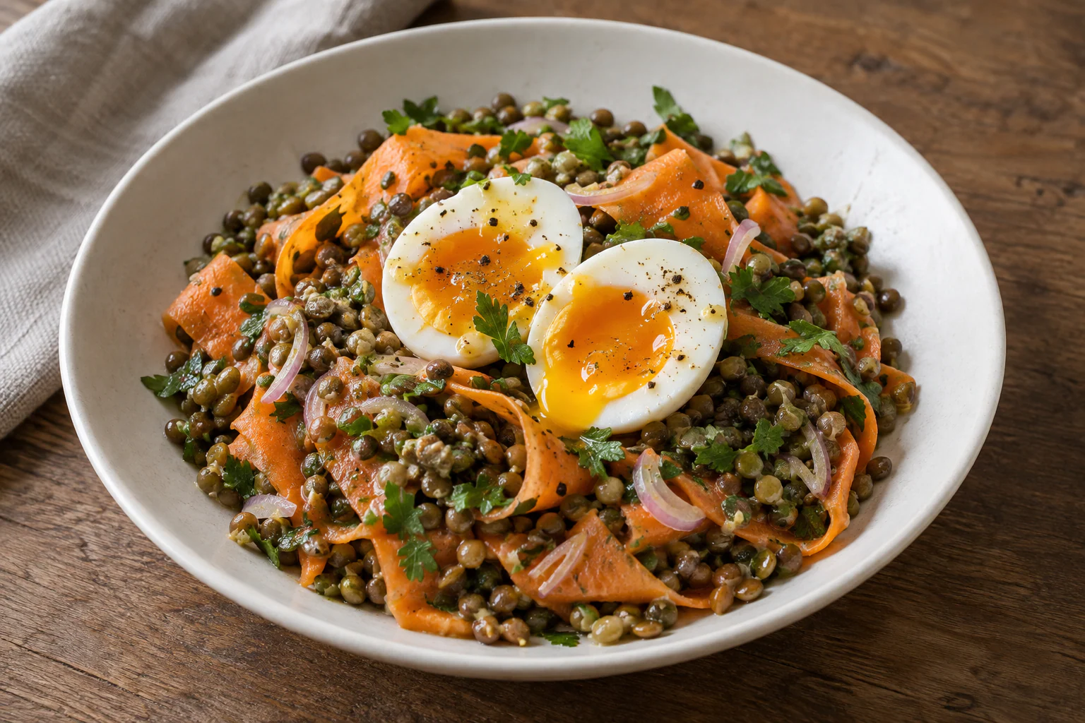 Salade de lentilles avec carottes, échalote et œufs mollets