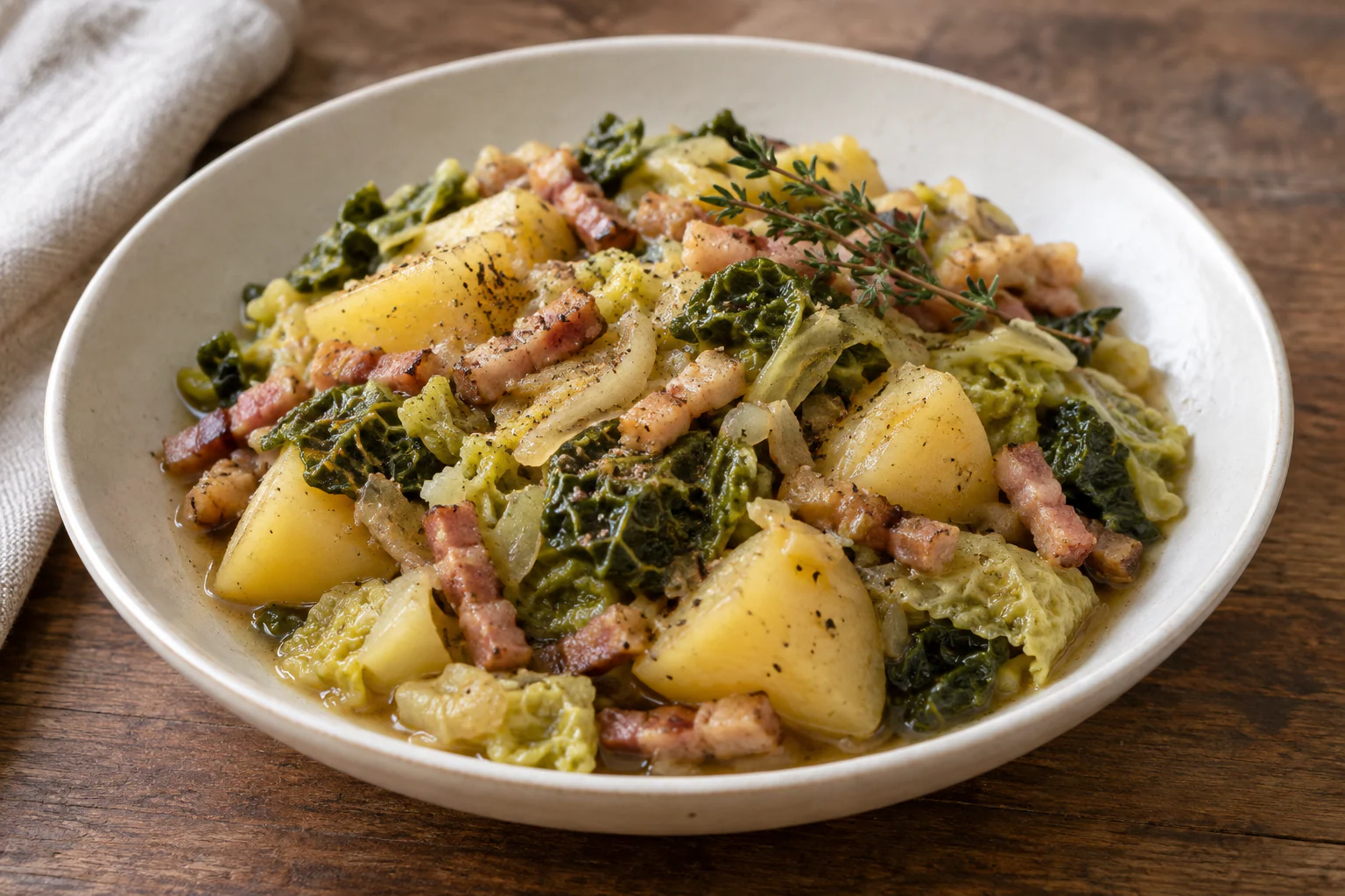 Chou vert braisé avec lardons dorés et pommes de terre dans une cocotte