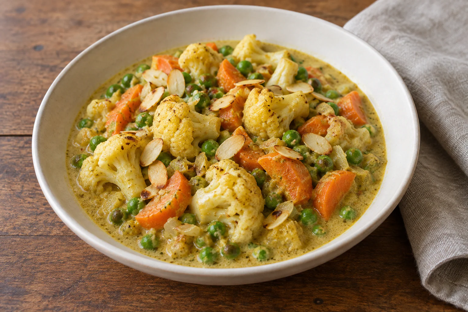 Korma crémeux de légumes aux amandes avec chou-fleur, carottes et petits pois