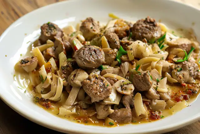 Poêlée de bœuf haché aux pâtes et champignons