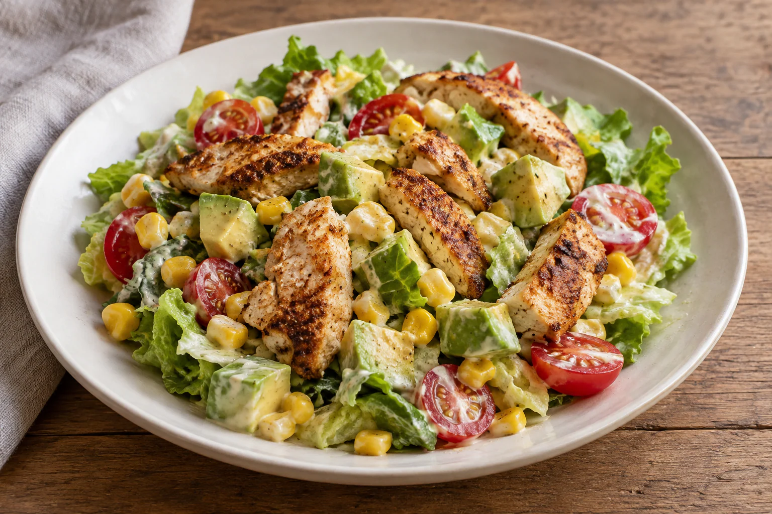 Salade de maïs avec morceaux de poulet doré, avocat, tomates et laitue
