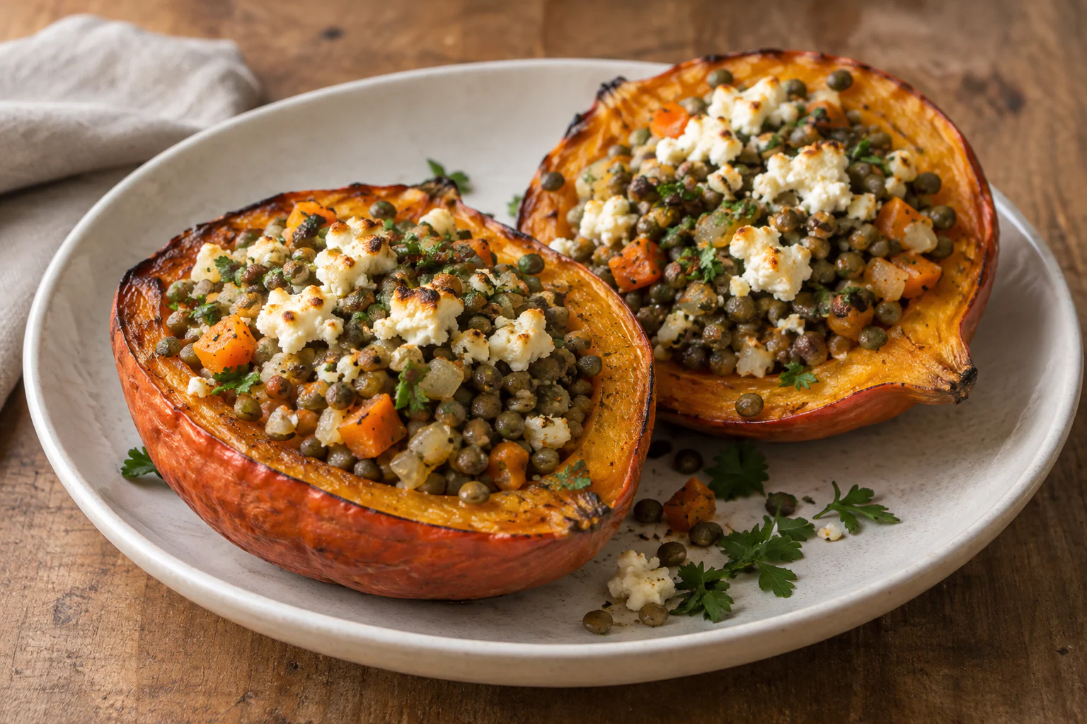 Demi-courge rôtie farcie de lentilles, carottes et feta émiettée