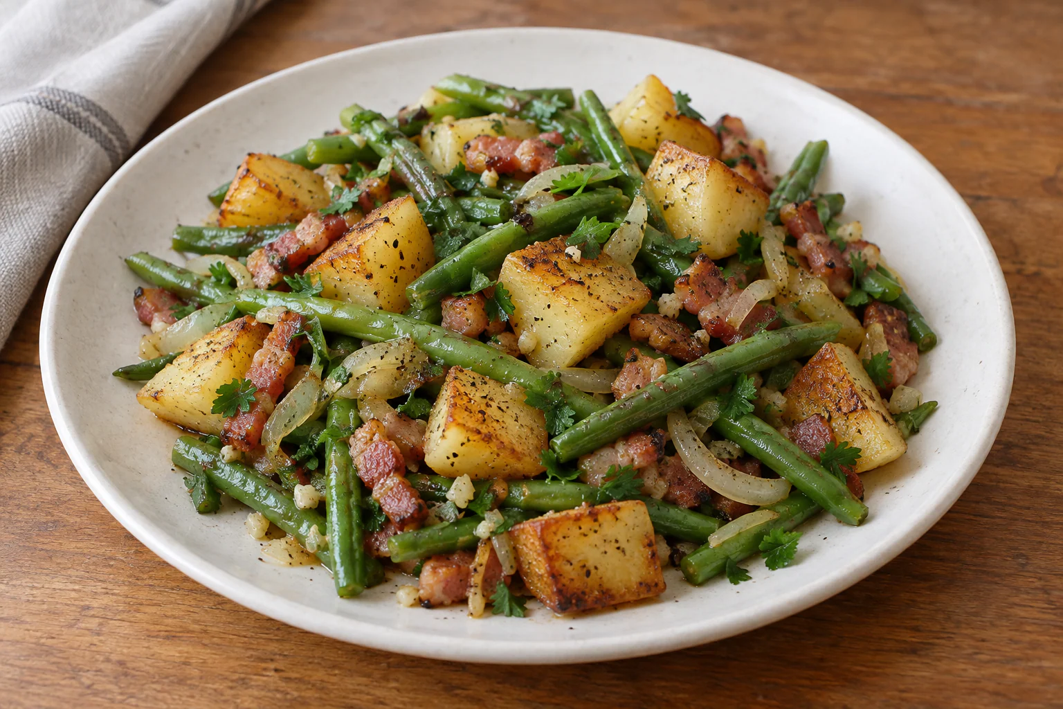 Poêlée de haricots verts avec pommes de terre dorées, lardons et oignon