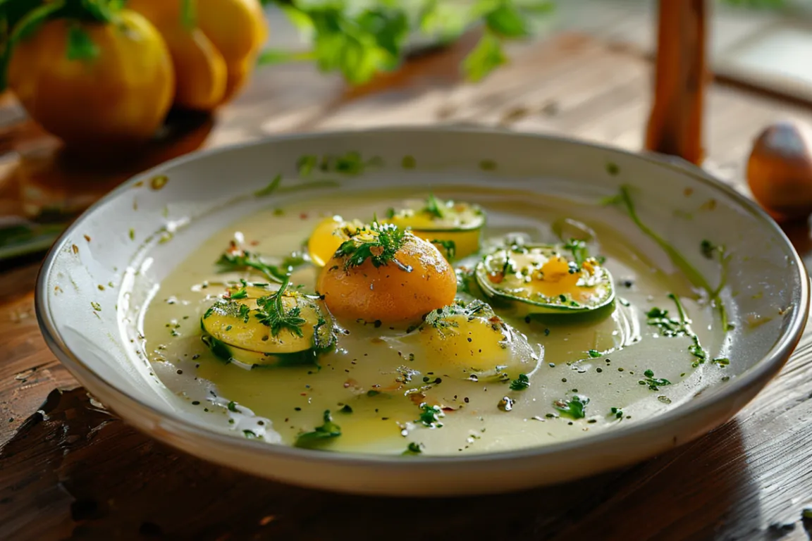Velouté onctueux de courgettes et oignons au beurre, suggestion de présentation