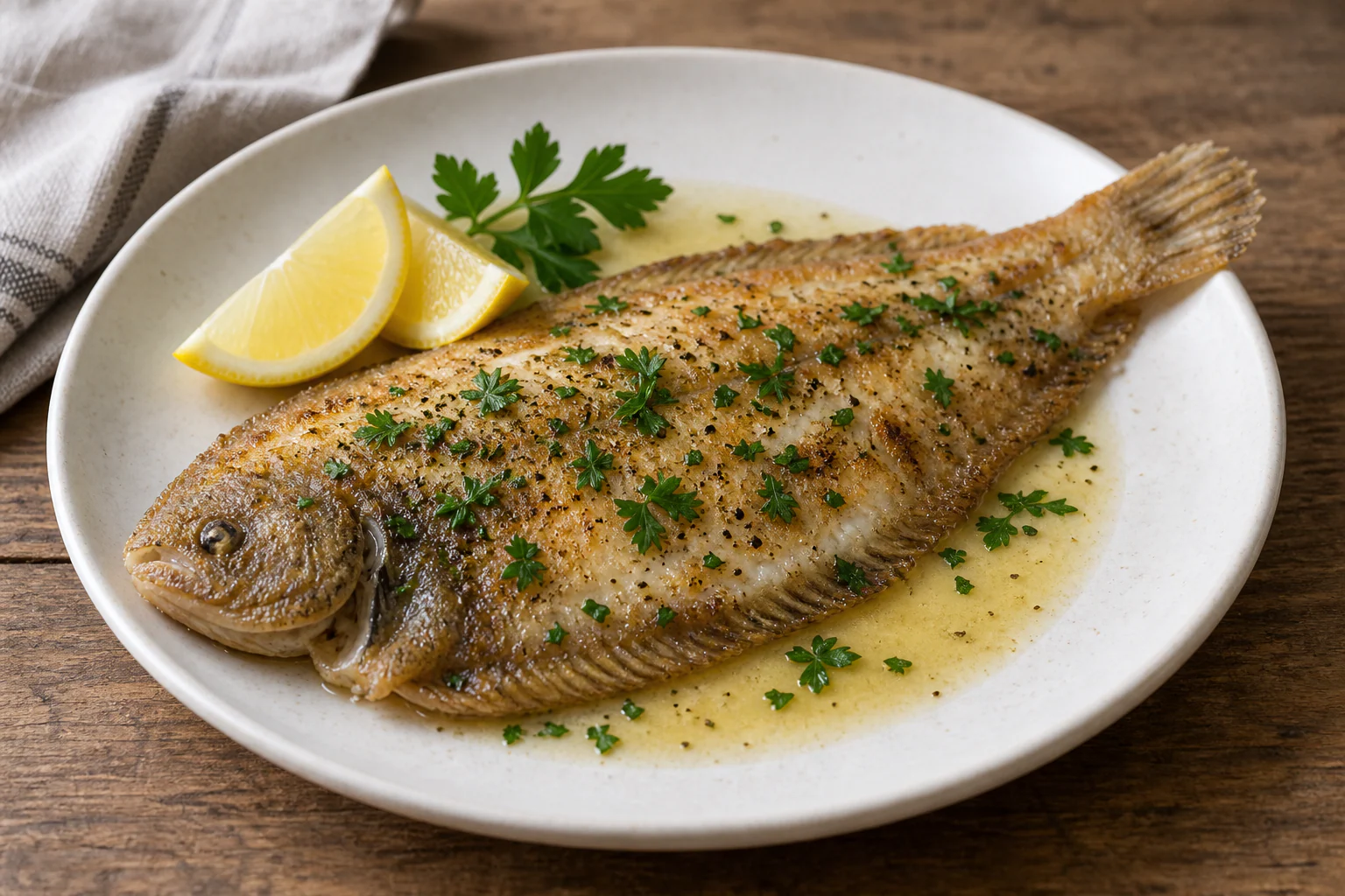 Sole meunière entière dorée au beurre avec citron et persil