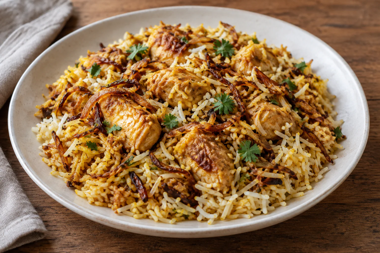 Biryani de poulet au riz basmati jaune avec oignons dorés et coriandre