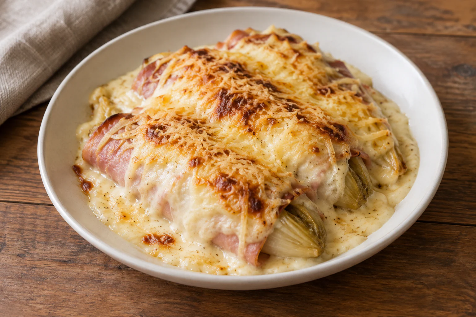 Endives au jambon gratinées avec béchamel crémeuse et emmental doré