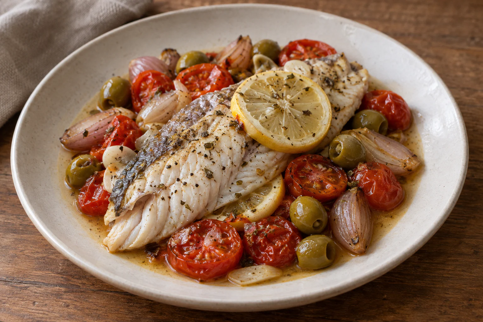 Dorade entière rôtie entourée de tomates cerises, olives vertes, échalotes et citron