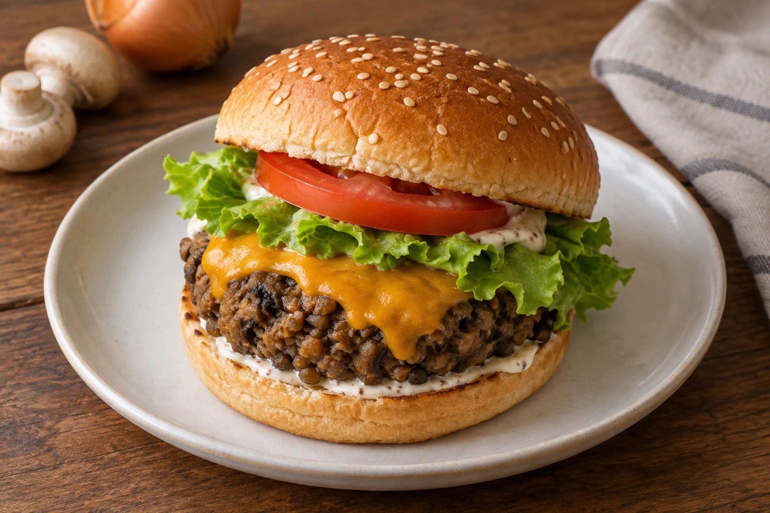 Burger végétarien avec galette de lentilles et champignons, cheddar, tomate et salade