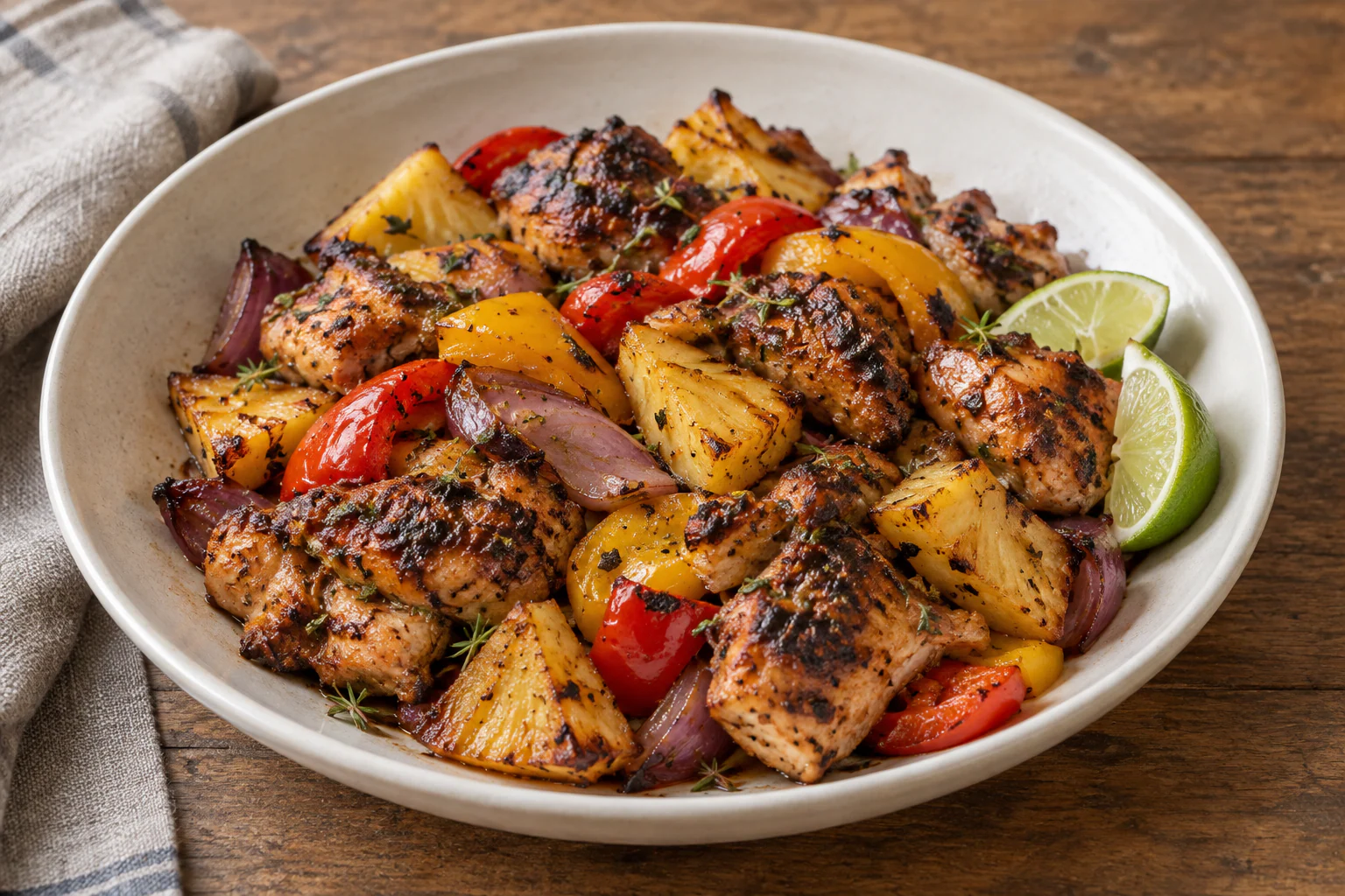 Poulet jerk rôti avec morceaux d’ananas caramélisés et poivrons colorés