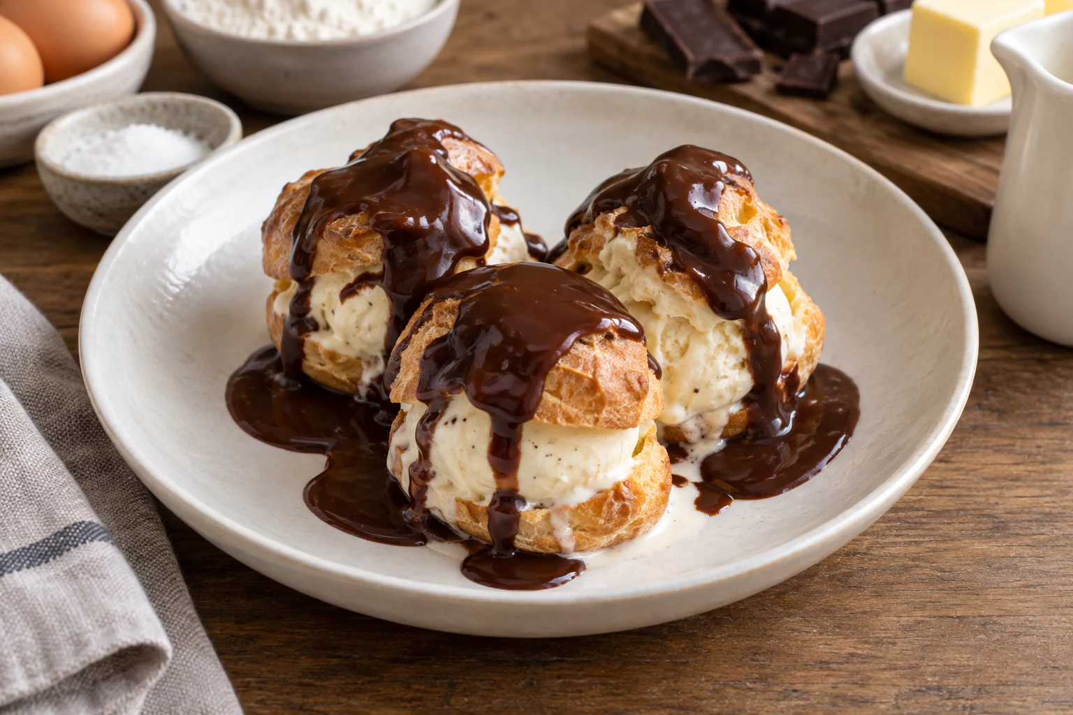 Profiteroles garnies de glace vanille et couvertes de sauce au chocolat chaude