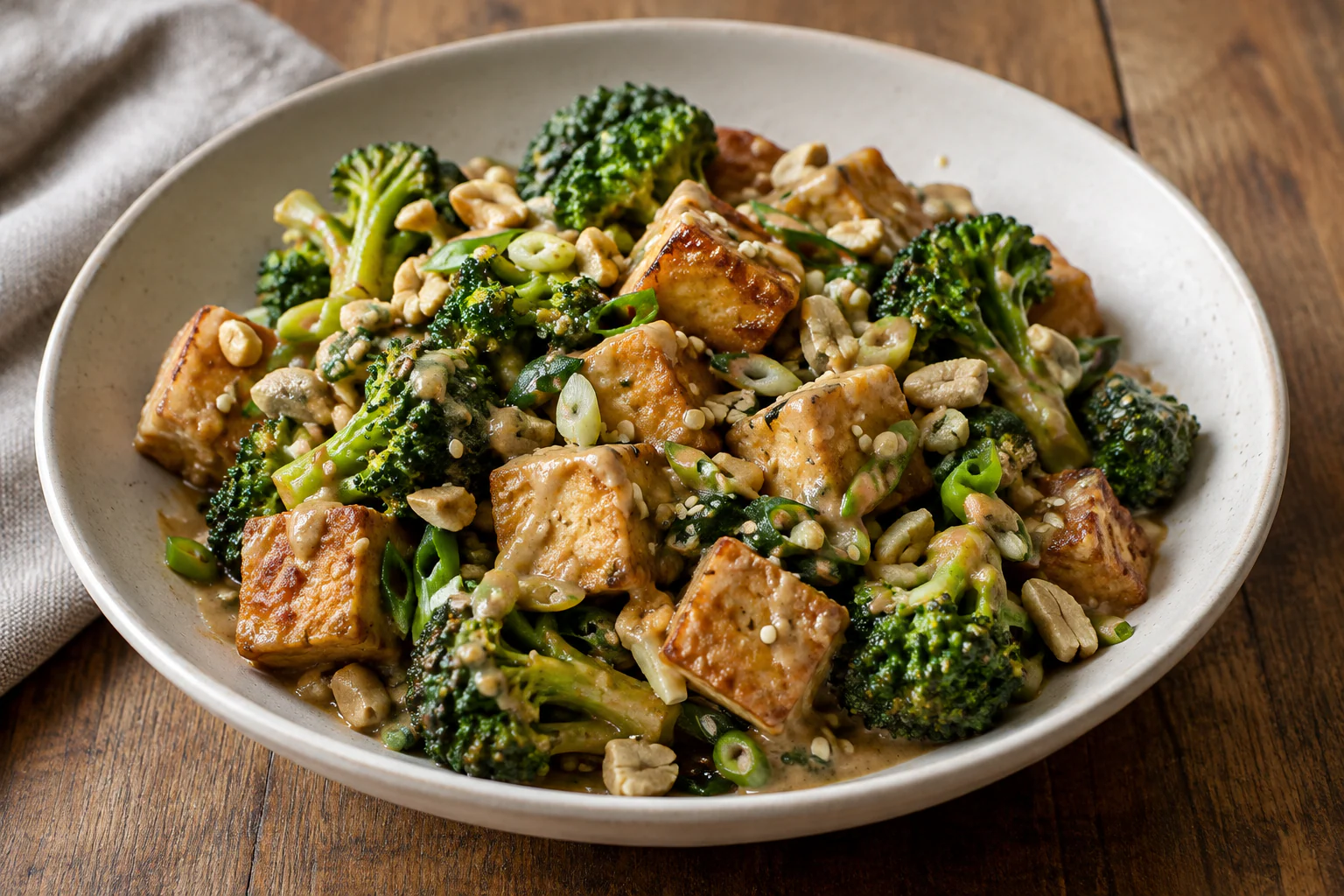 Tofu croustillant nappé de sauce cacahuète avec brocoli et graines de sésame