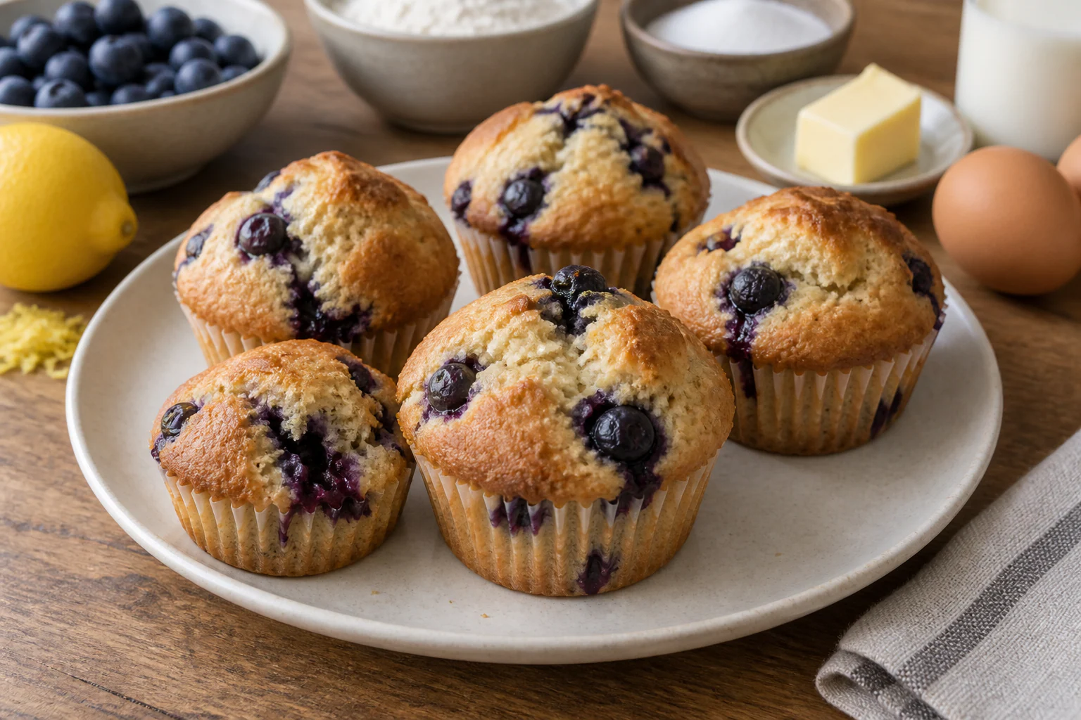 Muffins aux myrtilles dorés avec fruits visibles et mie moelleuse
