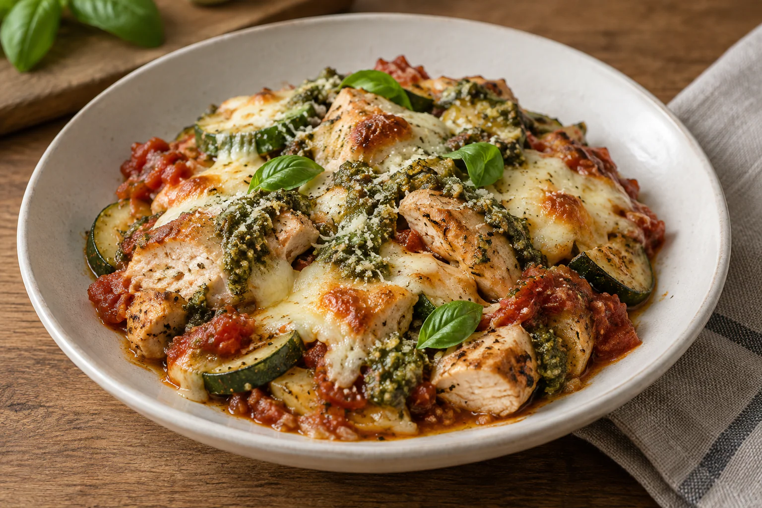 Gratin de poulet au pesto avec courgettes, tomates et mozzarella dorée