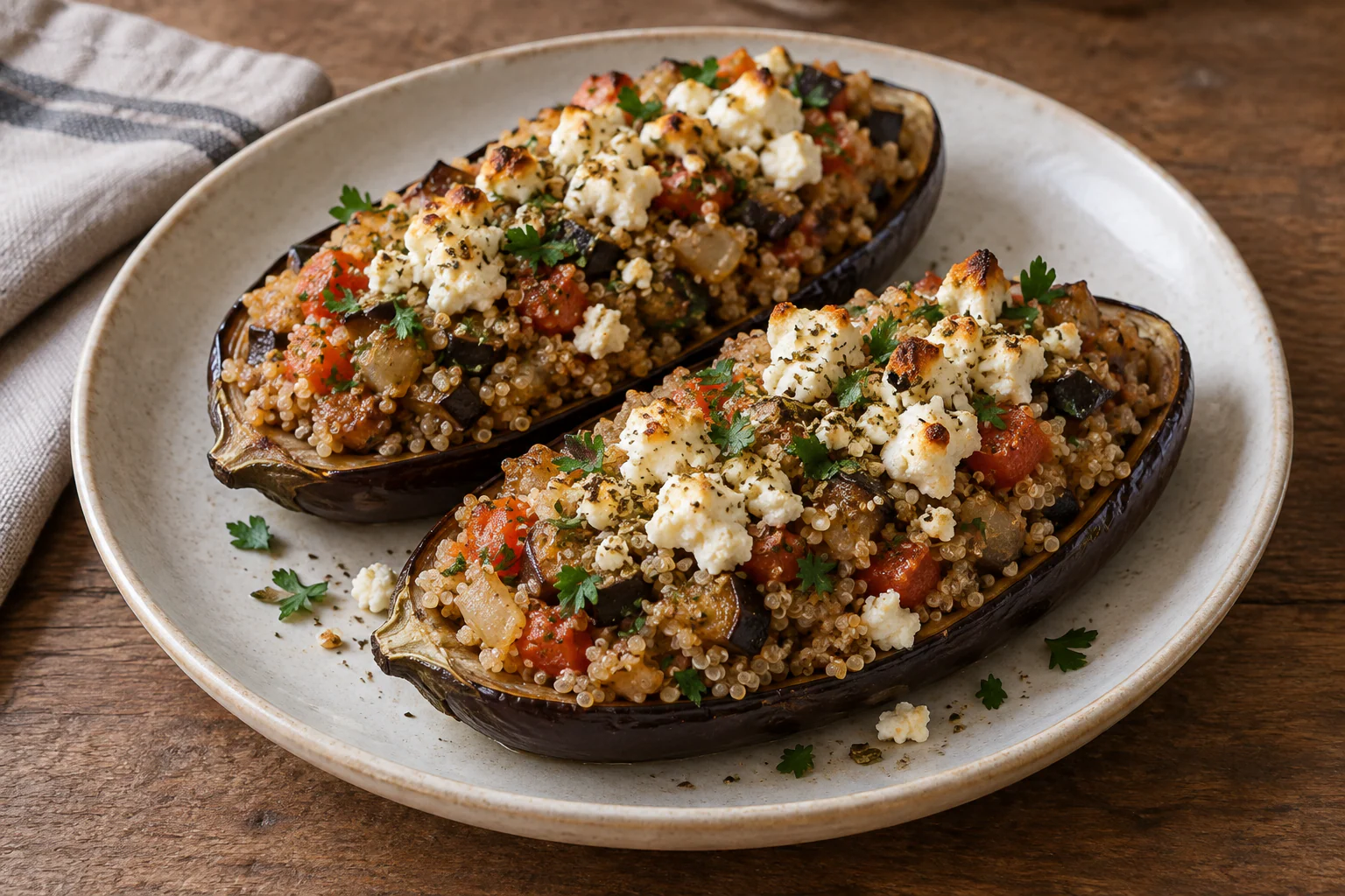 Demi-aubergines rôties garnies de quinoa aux tomates, feta et persil