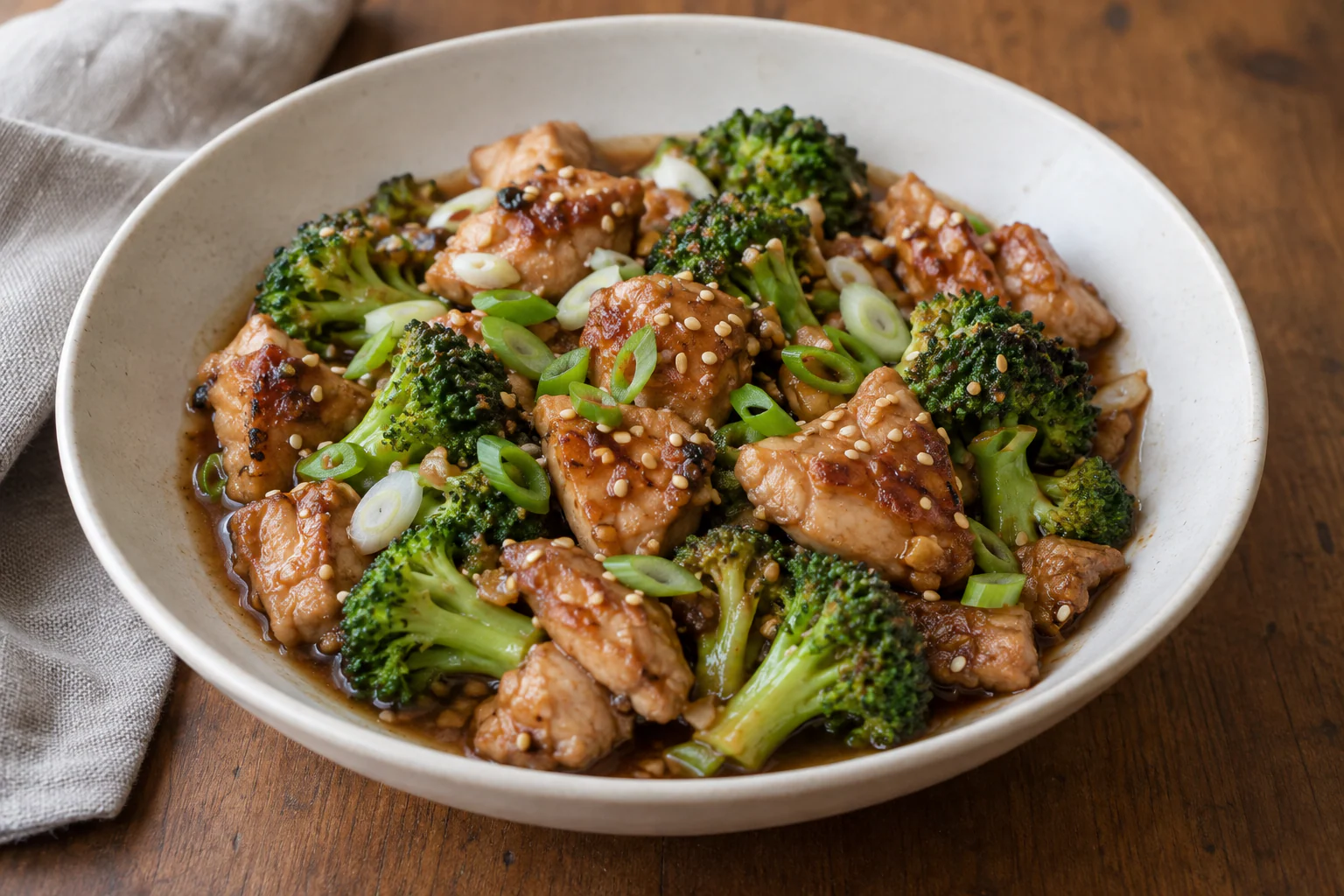 Poulet teriyaki brillant avec brocoli vert et oignons nouveaux