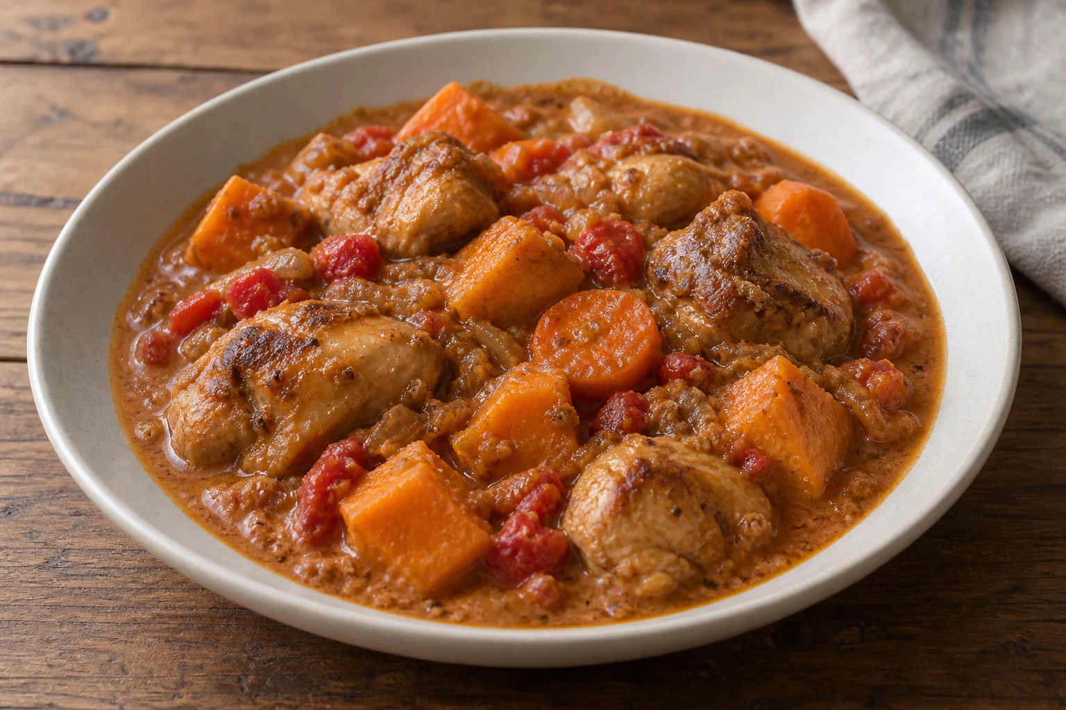Mafé de poulet mijoté avec patate douce et carottes dans une sauce cacahuète