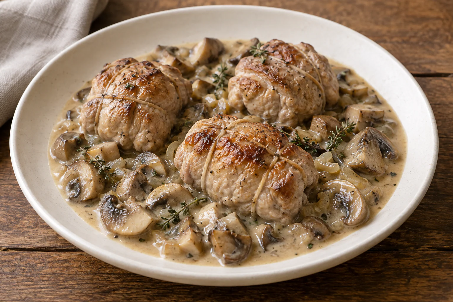 Paupiettes de veau aux champignons couvertes d’une sauce crémeuse dans une sauteuse