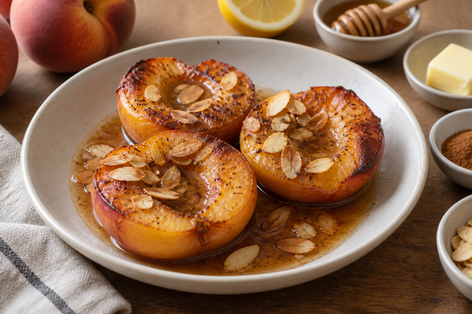 Demi-pêches rôties au miel et à la cannelle avec amandes grillées
