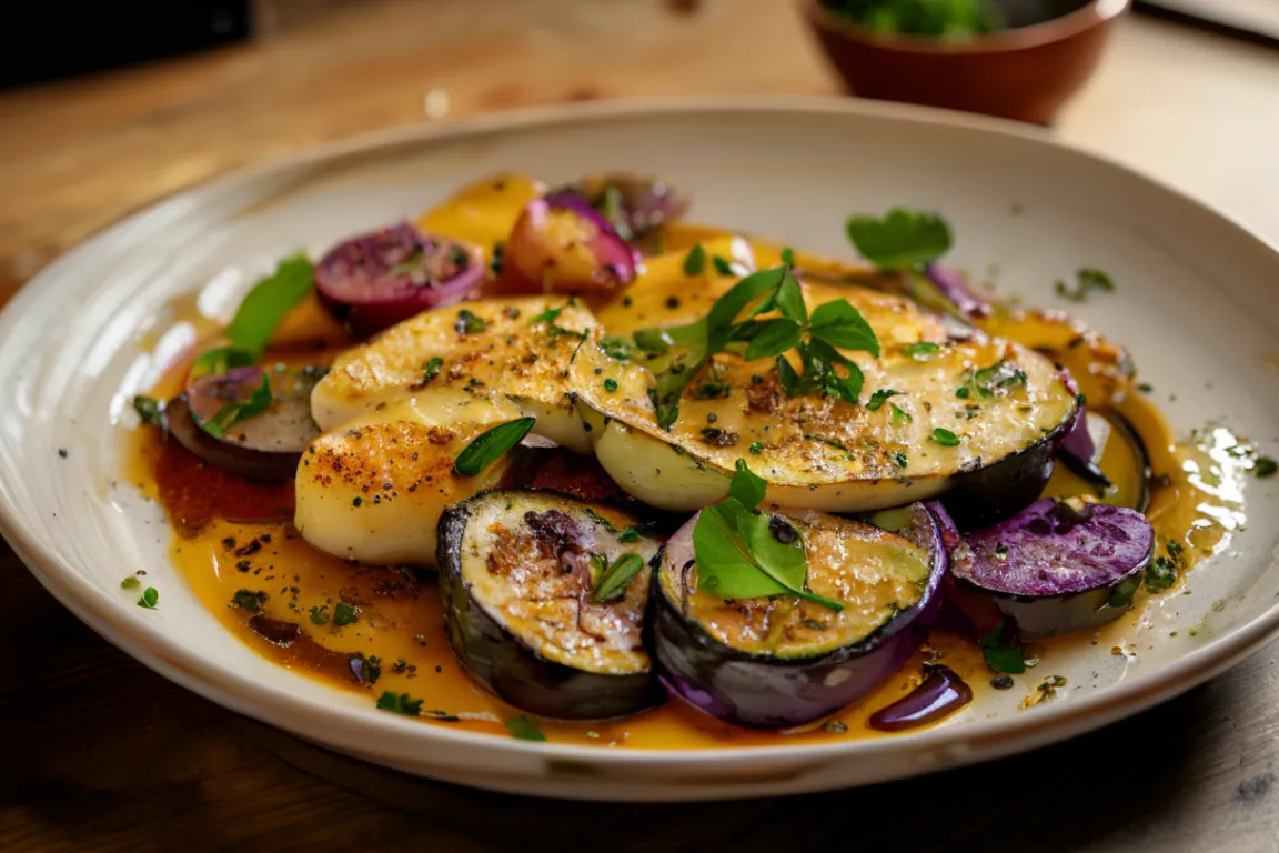 Poêlée méditerranéenne d'Halloumi, aubergine et courgettes, suggestion de présentation