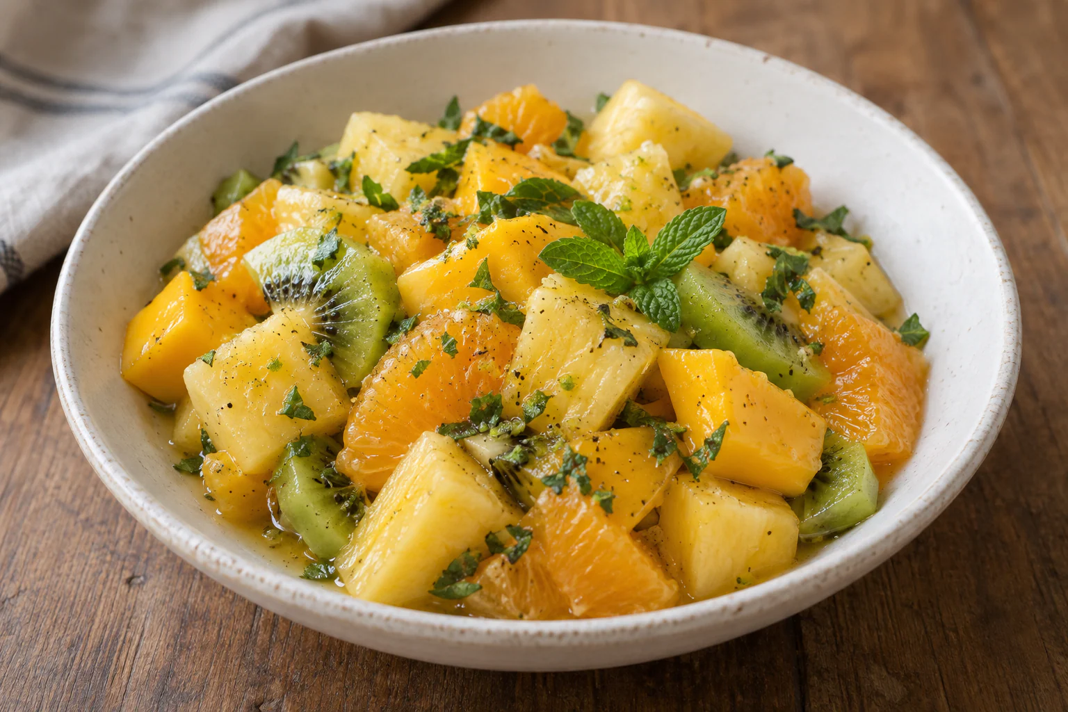 Salade de fruits colorée avec mangue, orange, ananas, kiwi et menthe