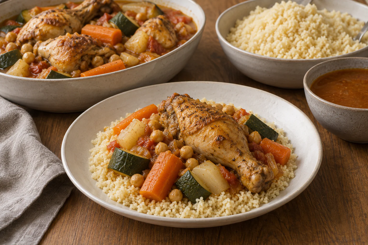 Couscous au poulet avec semoule, carottes, courgettes, navets et pois chiches dans un grand plat