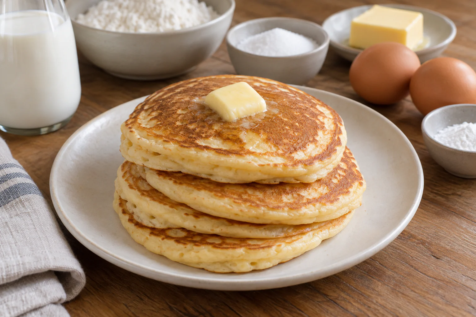 Pile de pancakes américains moelleux dorés avec beurre et filet de sirop d’érable