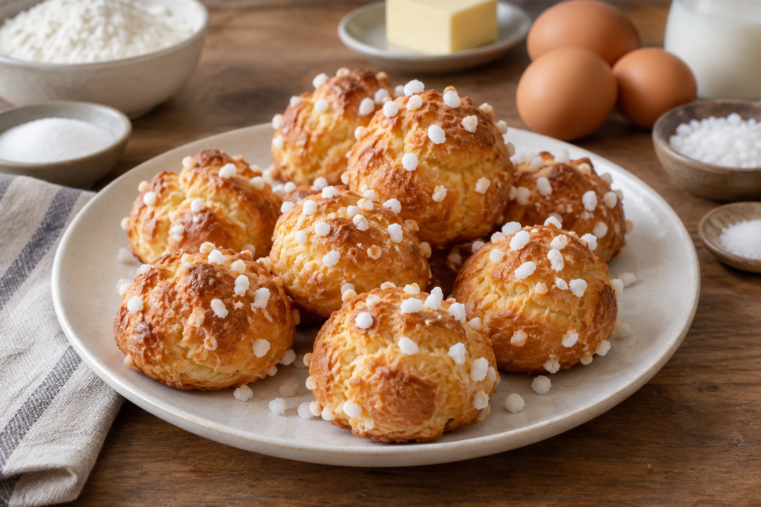 Chouquettes dorées et gonflées couvertes de grains de sucre perlé