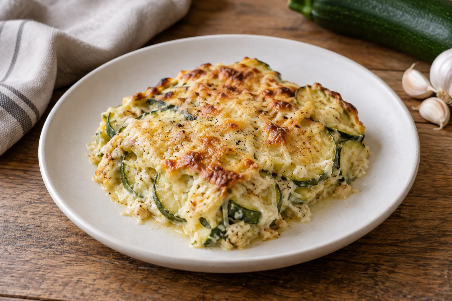 Gratin de courgettes doré avec rondelles de courgette et emmental fondu