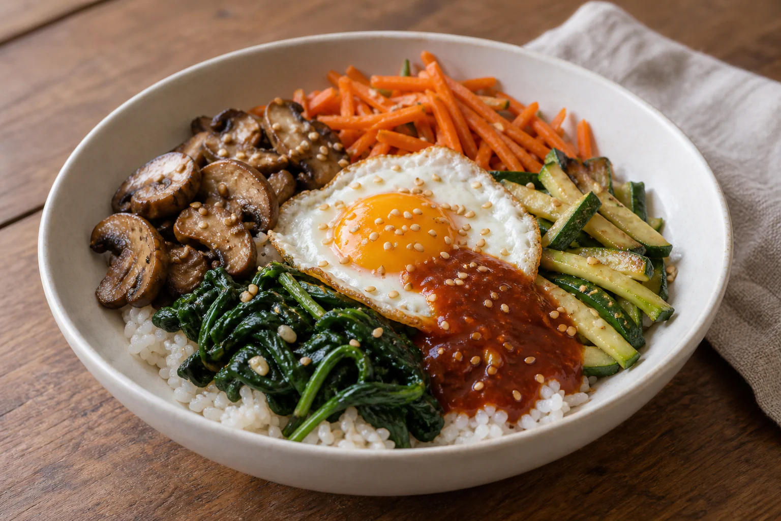 Bibimbap végétarien avec riz, légumes colorés, champignons et œuf au plat