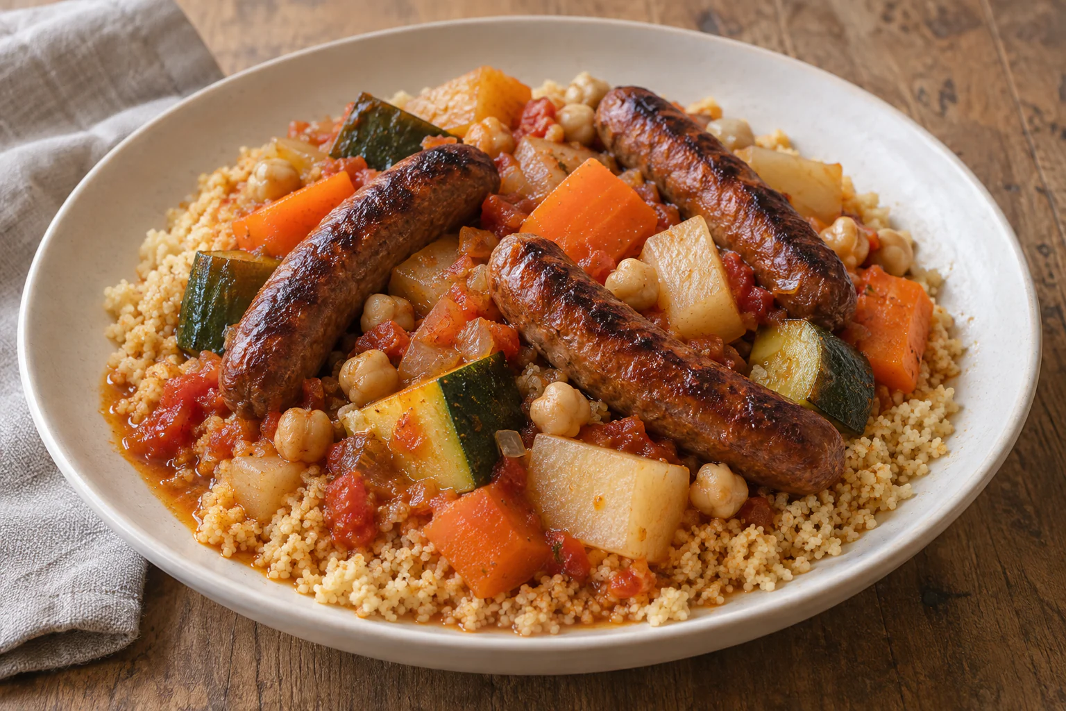 Couscous aux merguez avec semoule, carottes, courgettes, navets et pois chiches