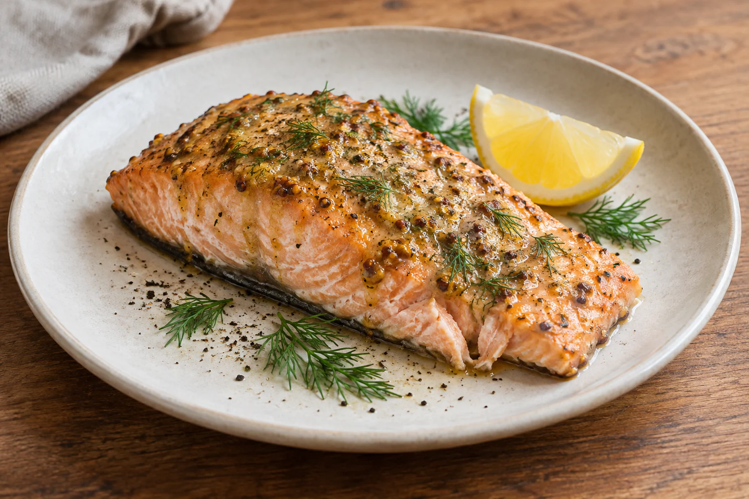 Pavés de saumon au four couverts d’une sauce dorée au miel, à la moutarde et au citron