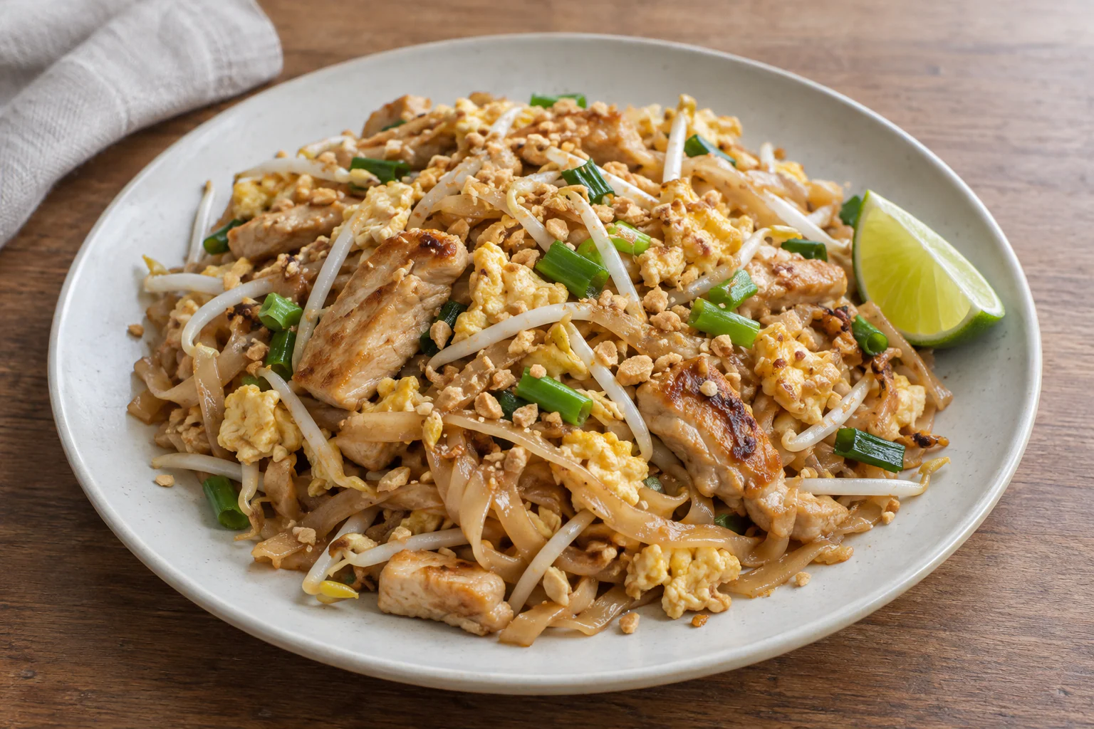 Pad thaï au poulet avec nouilles de riz, pousses de soja, cacahuètes et quartiers de citron vert