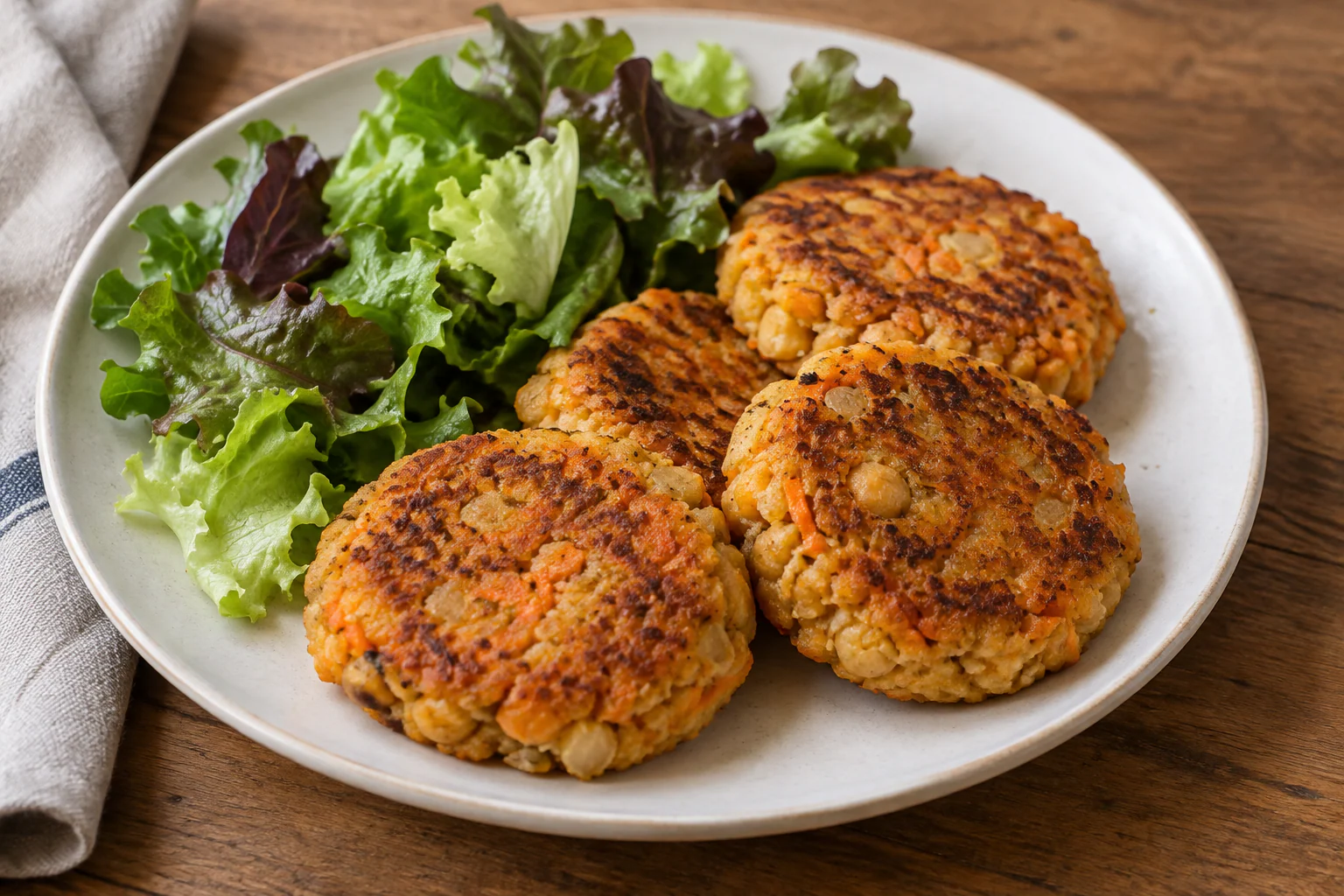 Galettes dorées de pois chiches et carottes avec cumin sur une assiette