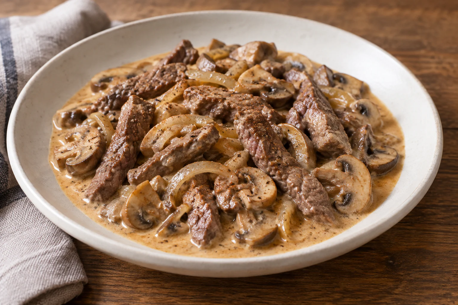 Bœuf Stroganoff crémeux avec lanières de bœuf, champignons et sauce au paprika