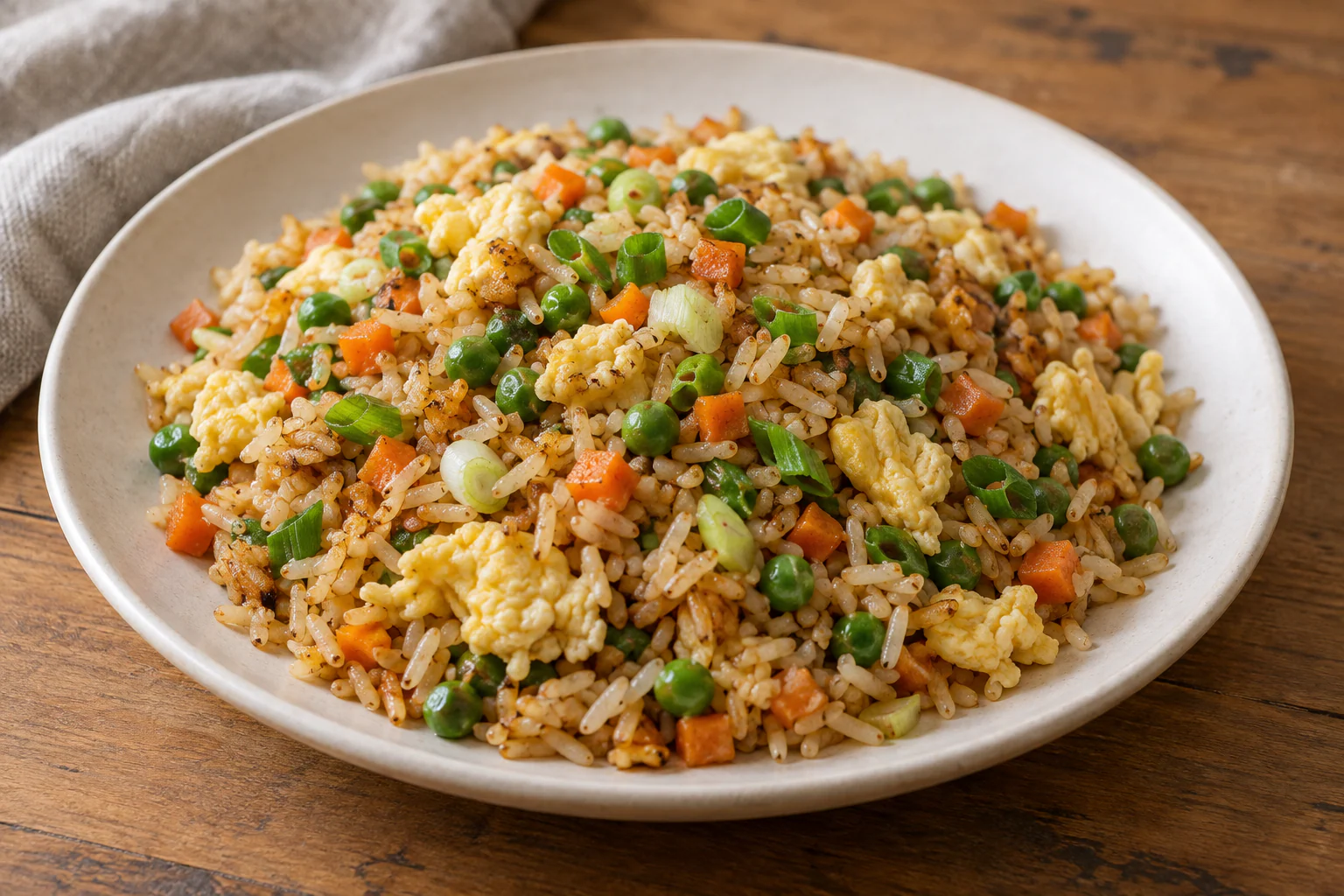 Riz sauté aux œufs avec carottes, petits pois, oignons nouveaux et sauce soja