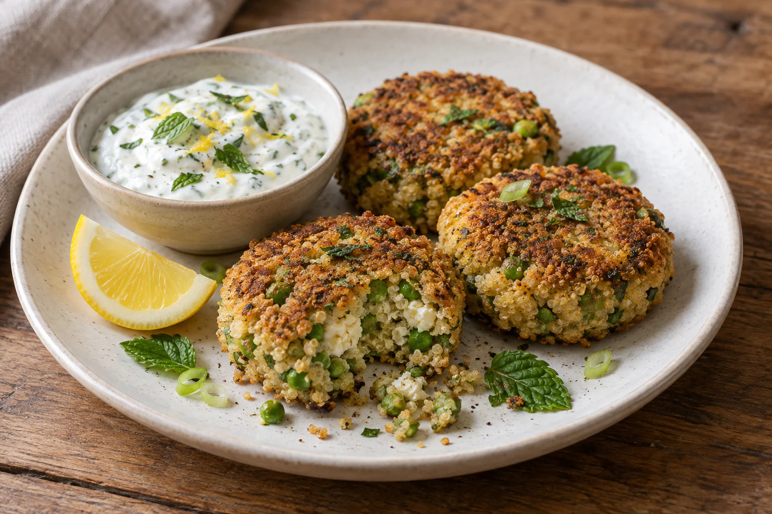 Croquettes dorées de quinoa aux petits pois et feta avec sauce au yaourt