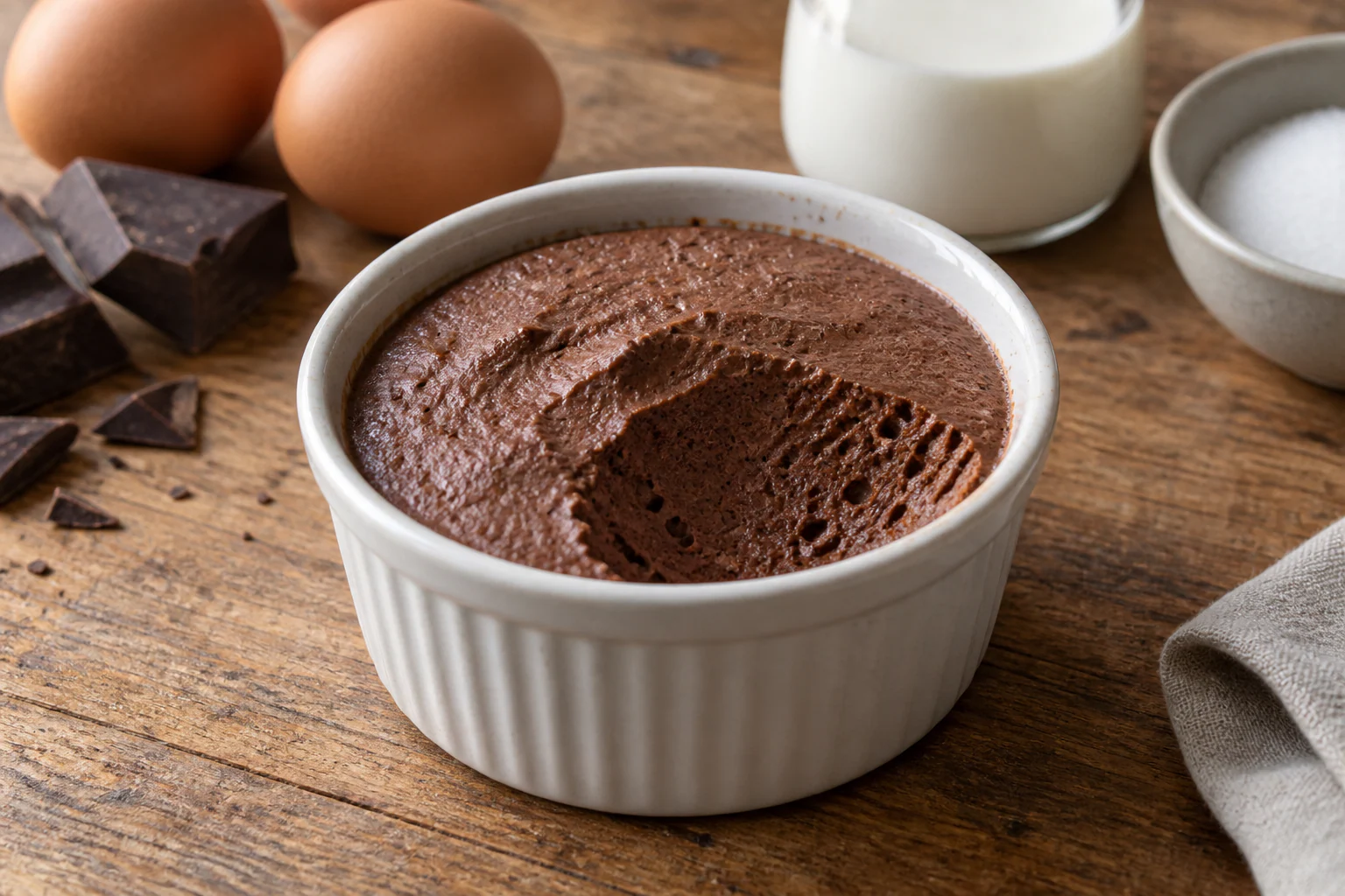 Mousse au chocolat noir aérienne en ramequins avec copeaux de chocolat